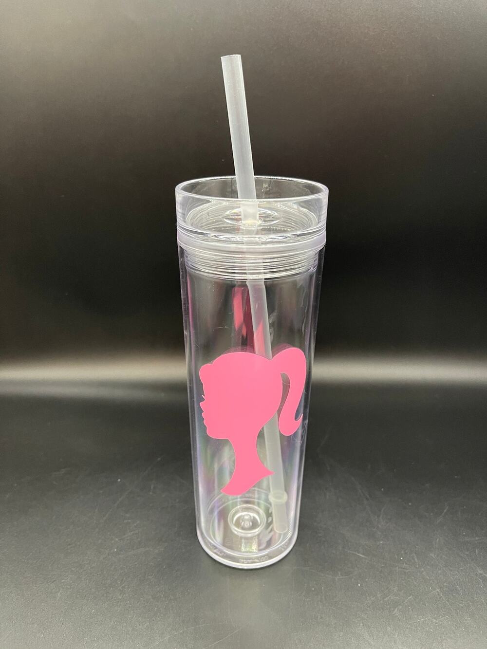 Strata Pink Barbie Head Silhouette Double Wall Tumbler Cup with Straw 16 oz